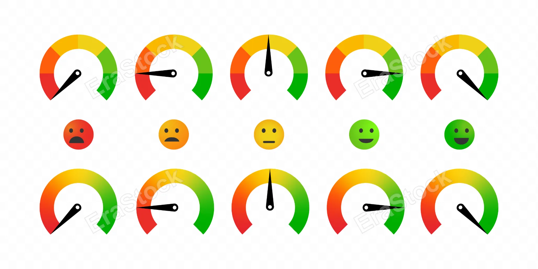 Mood speedometer icon set. Pain scale. Emotion barometer. Vector line icon for Business and Advertising.