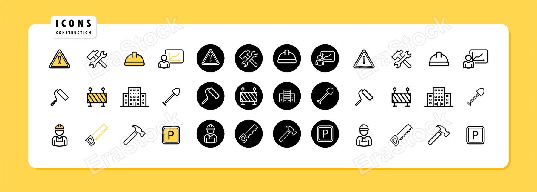 Instruments icon set. Hammer, saw, roller icon. Vector line icon for Business and Advertising.