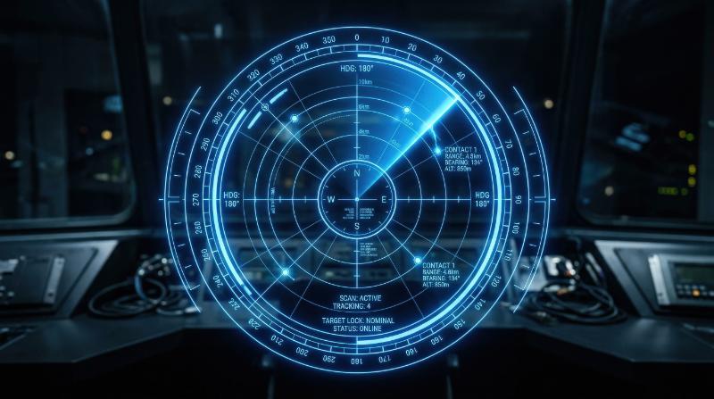 A blue glowing circular HUD ring with radar-style frame lines and clean digital scanner symmetry, ultra-realistic, no logos.