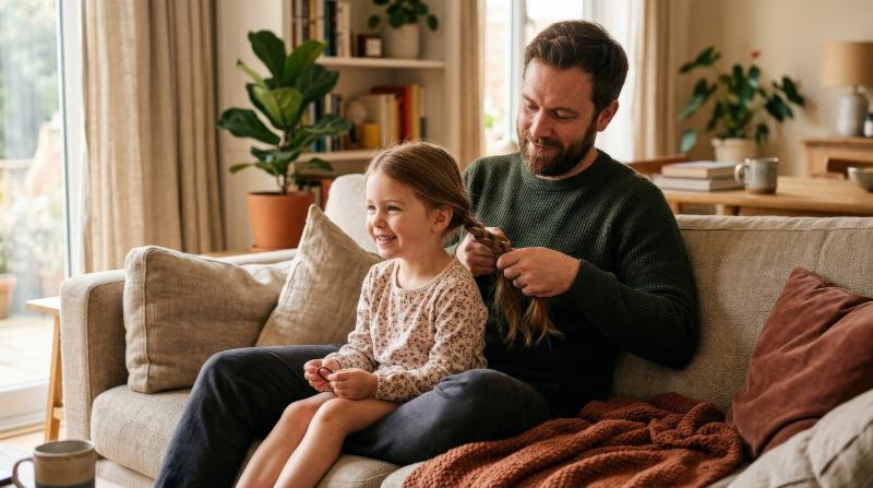 A caring father braiding his daughter's hair while sitting on a sofa at home, tender domestic intimacy, soft fabrics, warm natural light, ultra-realistic, no logos.