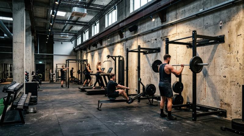 A modern gym interior with fitness equipment against a concrete wall, sleek machines, industrial textures, focused energetic lighting, ultra-realistic, no logos.