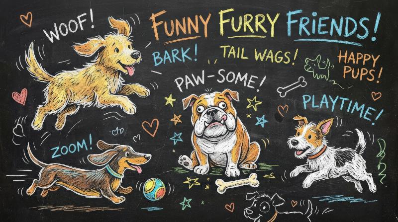 Funny dog sketches in scribble chalk style, whimsical puppy outlines, rough crayon texture and a playful poster-ready mood, ultra-realistic, no logos.
