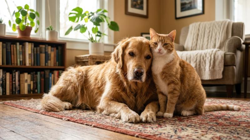 A cat and dog sitting together in a cozy home interior, soft fur textures, gentle expressions, and warm natural light creating affectionate companionship, ultra-realistic, no logos.