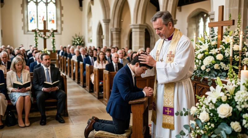 A pastor praying over a young man in church, hands gently placed in blessing, Easter service with congregation nearby, floral altar decor, reverent faith guidance atmosphere, ultra-realistic, no