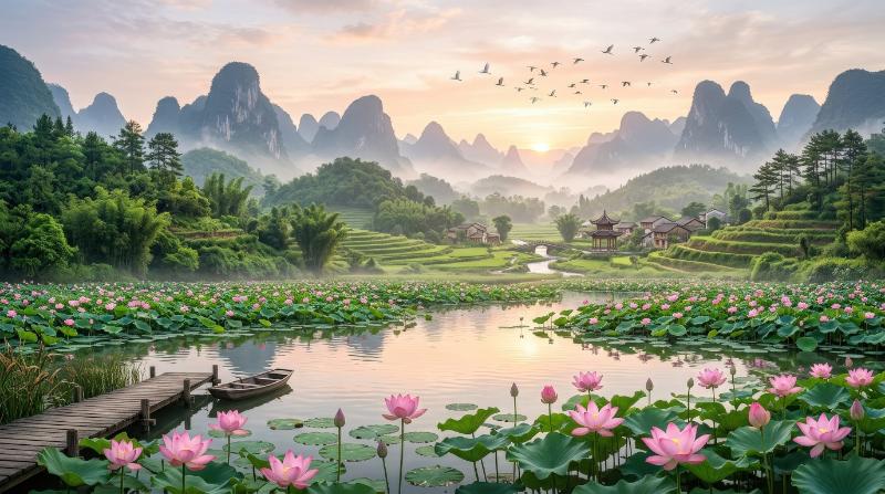 An oriental landscape with pink lotus flowers, green hills, distant mountains and birds in flight beneath a soft sunrise, serene Asian-inspired harmony, ultra-realistic, no logos.