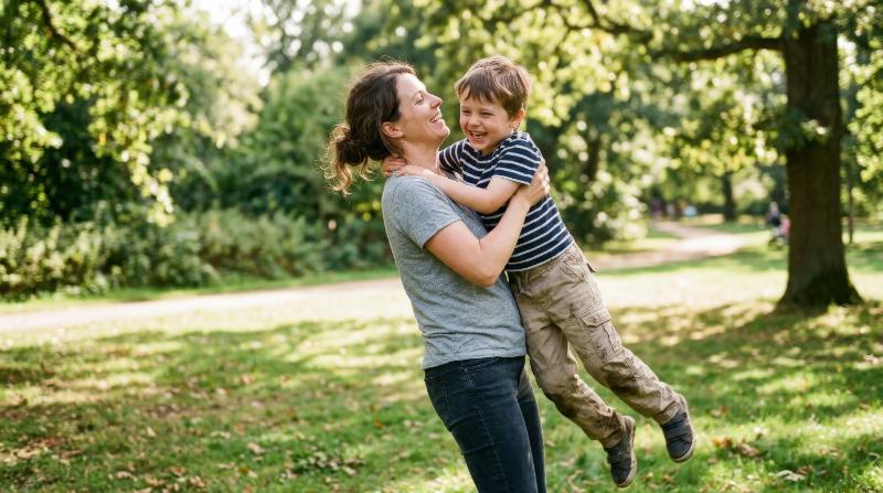 A mother and son sharing a playful outdoor moment on a sunny day, natural laughter, casual clothing and affectionate movement, green park background with soft foliage blur, warm sunlight and a joyful