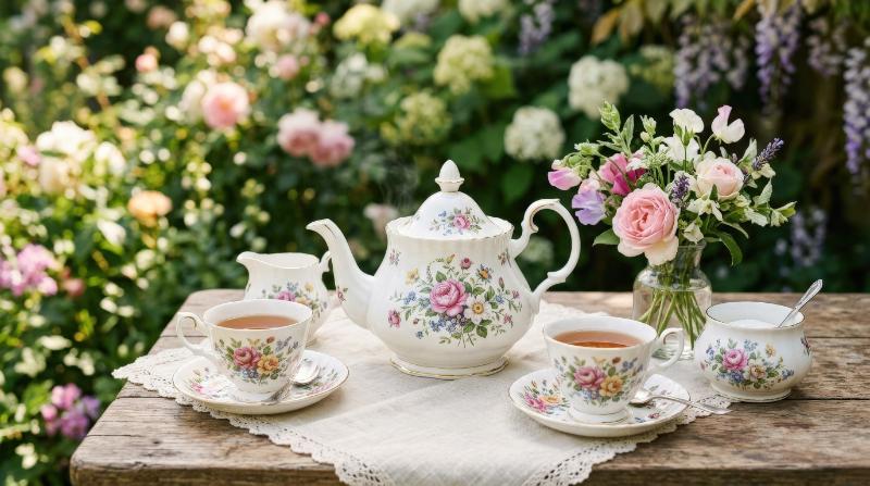 A tea set with floral décor, delicate cups, teapot, and blossoms, soft refined styling, tranquil afternoon atmosphere, ultra-realistic, no logos.