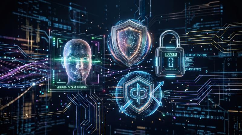 Security technology icons including biometric face scan, shield, lock, and digital protection elements floating in a cyber network, sleek secure atmosphere, ultra-realistic, no logos.