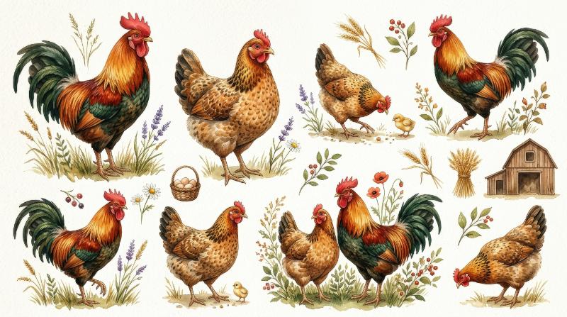 Rooster and hen watercolor clipart set, hand-painted rustic farm animals with warm countryside detail and cozy farmhouse appeal, ultra-realistic, no logos.