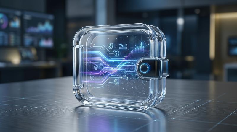 A glass wallet icon with smooth rounded shape, polished transparency and a modern digital-finance atmosphere, ultra-realistic, no logos.