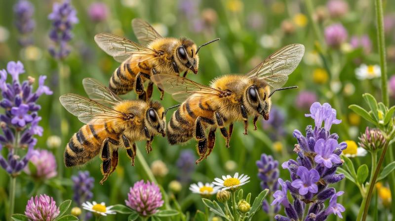 Three honey bees in close formation, delicate wings, fuzzy striped bodies, natural light, crisp macro detail, vivid and alive atmosphere, ultra-realistic, no logos.