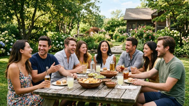 A group of friends enjoying a casual outdoor gathering on a sunny day, snacks and drinks on a table, candid smiles, relaxed atmosphere, ultra-realistic, no logos.