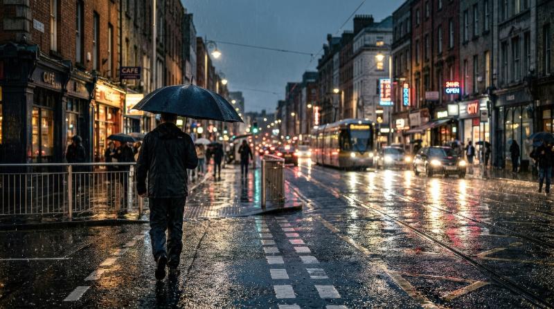A rainy city scene with an umbrella moving through wet streets, glowing reflections, cool urban palette, moody atmospheric weather, ultra-realistic, no logos.