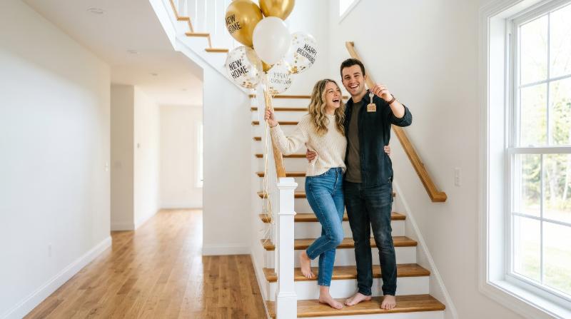 A joyful couple celebrating on the staircase of their new house with a key and balloon, bright empty interior, fresh beginnings and happy homeowner energy, ultra-realistic, no logos.