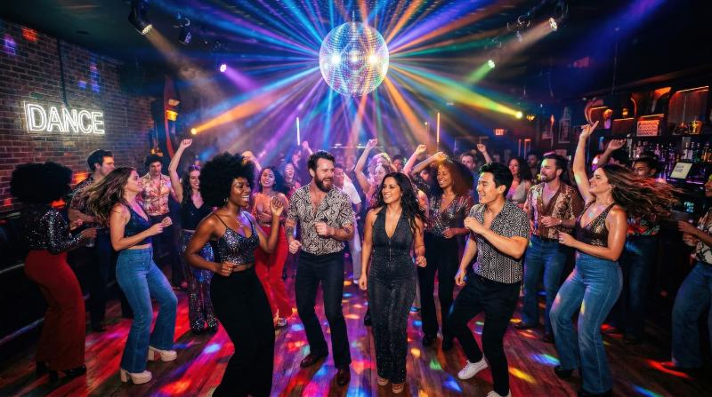Diverse people dancing together at a retro disco party beneath a mirror ball with colorful light rays, vibrant nightlife atmosphere, ultra-realistic, no logos.