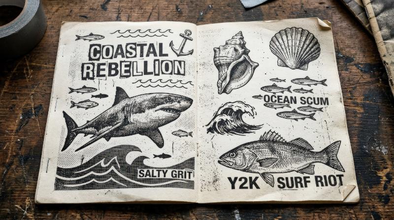 Ocean-themed photocopy elements with fish and seashells, gritty punk grain and stipple texture, bold y2k coastal attitude with worn monochrome detail, ultra-realistic, no logos.