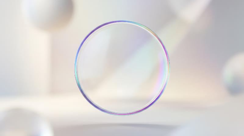 Minimalist floating translucent glass disc with a colorful holographic rim on a soft light background, abstract geometric balance, clean optics-inspired atmosphere, subtle refraction and refined