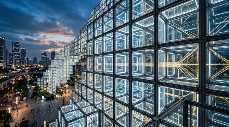 A structured grid of glass panels assembled into a futuristic lattice, square translucent modules symbolizing connectivity and scalable systems, ultra-realistic, no logos.