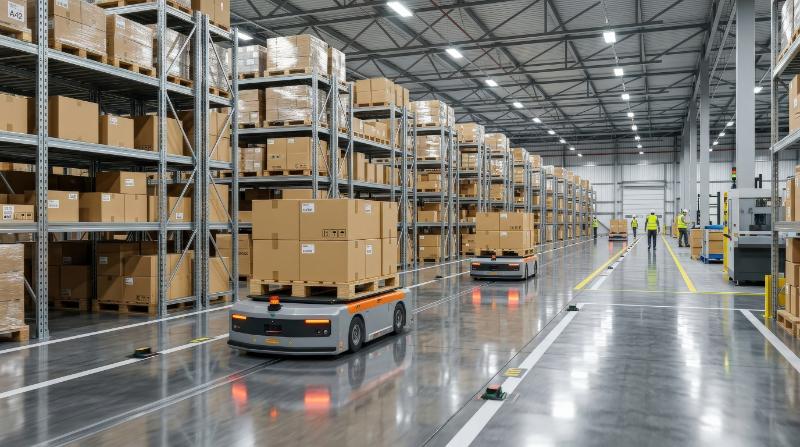Automated guided vehicles transporting cardboard boxes through a modern warehouse, clean metal shelving, smooth floor reflections and efficient industrial rhythm, ultra-realistic, no logos.