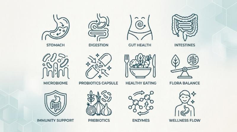 A digestion and probiotics icon set with stomach, intestine and gut health symbols in clear outline style, clean medical wellness atmosphere, ultra-realistic, no logos.