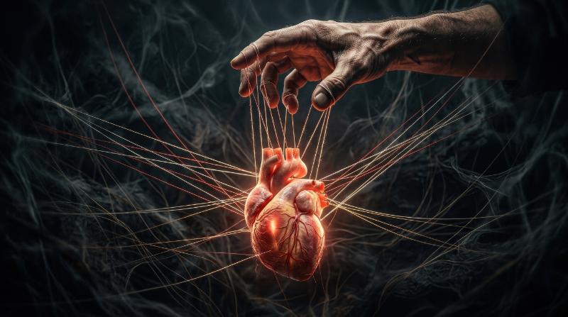 A heart concept with a hand acting like a puppet master, symbolic strings, emotional tension, surreal expressive atmosphere, ultra-realistic, no logos.