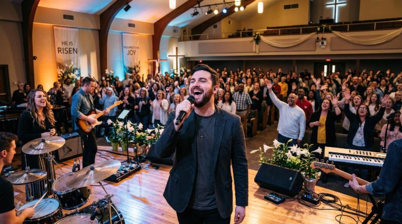 A man singing at an Easter worship service in church, contemporary praise band and congregation immersed in joyful resurrection celebration, ultra-realistic, no logos.