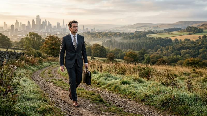 A businessman commuting from the city into nature, formal attire contrasted with open landscape, path leading outward, symbolic transition, fresh morning light, ultra-realistic, no logos.