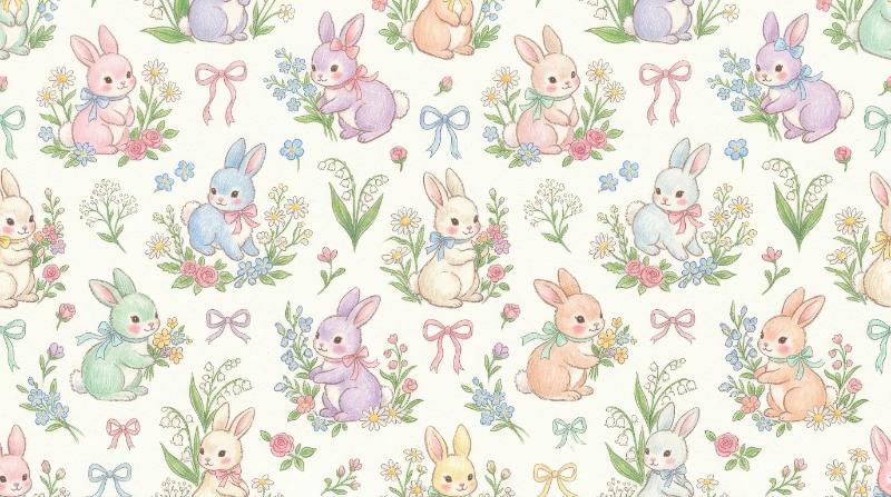 A seamless bunny pattern with bows and flowers, cute Easter rabbit design in soft crayon texture with vintage coquette charm and pastel spring sweetness, ultra-realistic, no logos.