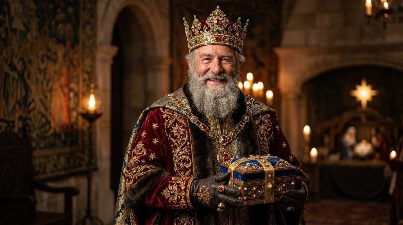 A Christmas wise man in royal costume and crown holding a gift box, smiling warmly, rich fabric textures, noble Epiphany portrait, ultra-realistic, no logos.