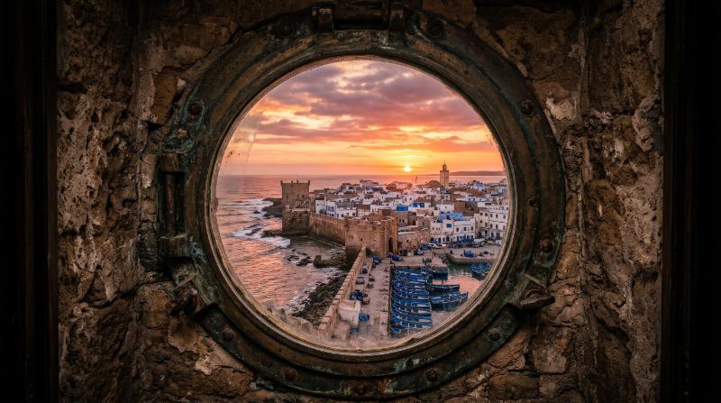 Essaouira old walled town at sunset seen through a porthole, weathered stone, glowing sky, coastal charm, framed composition, serene Moroccan evening mood, ultra-realistic, no logos.