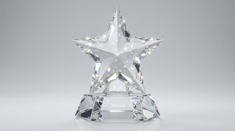 A star-shaped crystal trophy isolated on a plain background, faceted glass shine and refined award-like brilliance, celebratory premium mood, ultra-realistic, no logos.