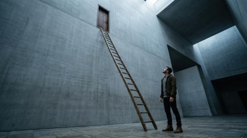 A man gazing up at a high door reachable only by a long ladder, vast smooth wall, dramatic scale, cool shadows and an aspirational atmosphere of high goals and career ambition, ultra-realistic, no