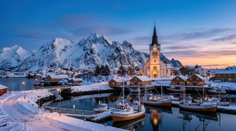 The clock tower in Svolvær, Lofoten, under a blue sunset sky, snow-covered mountains rising behind, crisp Nordic light and peaceful northern atmosphere, ultra-realistic, no logos.