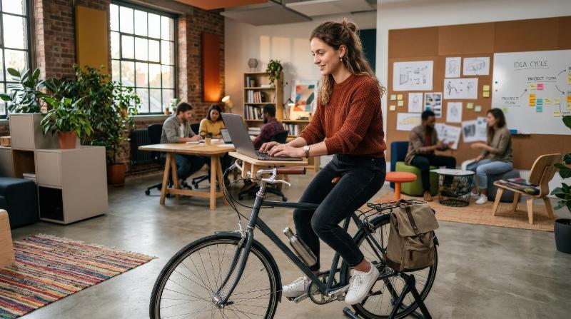 A young woman sitting on a bicycle and using a laptop in an office, unusual creative workspace, modern furniture, active and innovative atmosphere, ultra-realistic, no logos.