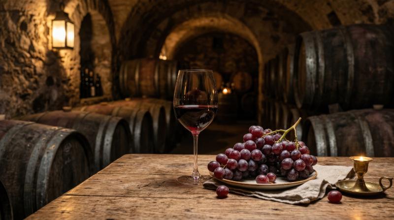 A glass of red wine with fresh grapes on a wooden table inside a wine cellar, oak barrels fading into the background, warm dim lighting and rustic elegance, ultra-realistic, no logos.