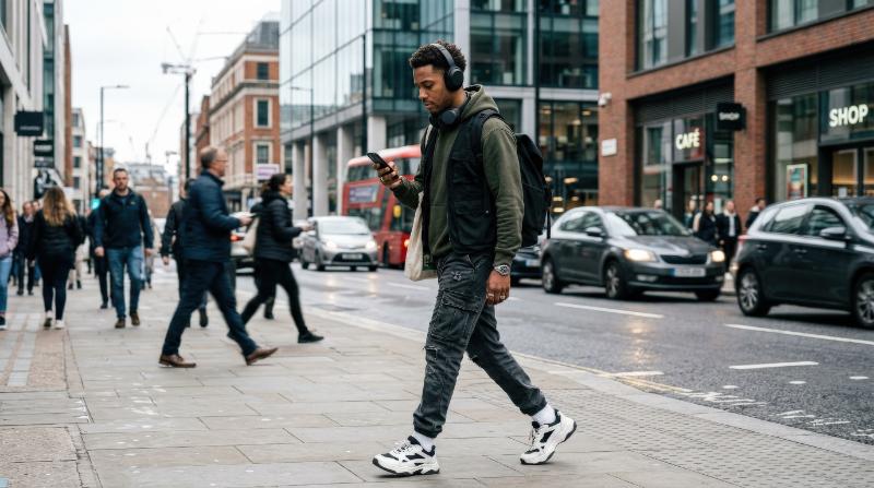 An urban man with headphones checking his smartphone outdoors, streetwear styling, modern city backdrop, candid motion, cool everyday rhythm, ultra-realistic, no logos.