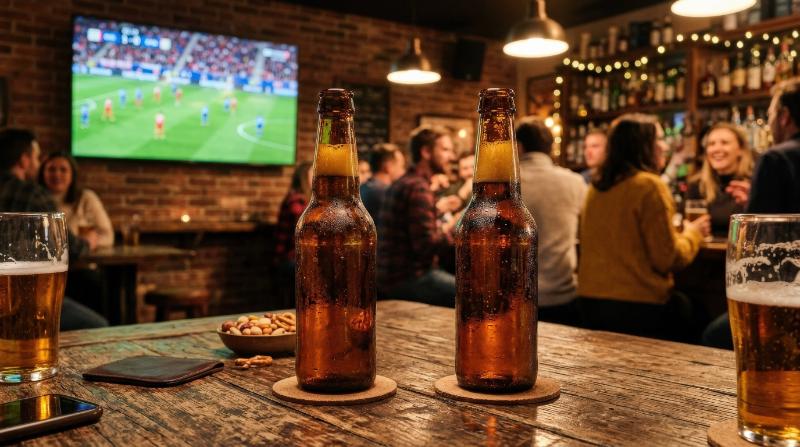 Two cold beers on a wooden table in a cozy bar, television showing a soccer game in the blurred background, amber glass reflections and relaxed match-night mood, ultra-realistic, no logos.