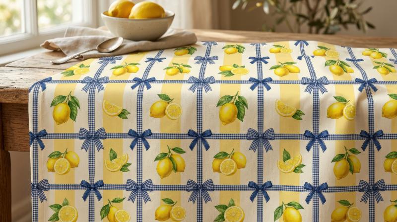 A checkered pattern with bows and lemons on a yellow striped background, sunny palette, fresh citrus charm and elegant retro energy, ultra-realistic, no logos.