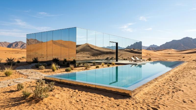 A reflecting mirrored house with a pool in the desert, sunlit sand, sharp reflections, minimalist architecture, surreal luxury and stillness, ultra-realistic, no logos.