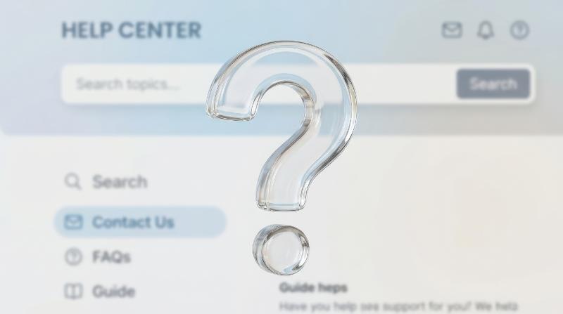 A transparent glass question mark icon with smooth rounded edges, crystal clarity, subtle reflections and a clean help-and-support interface atmosphere, ultra-realistic, no logos.