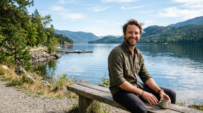 A smiling man enjoying the outdoors by a scenic waterfront setting, gentle breeze, reflective water, bright natural light, relaxed and content atmosphere, ultra-realistic, no logos.