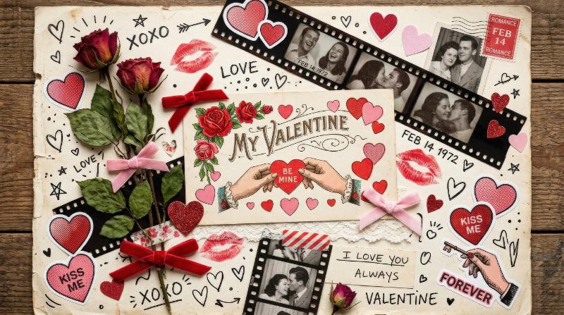 A Valentine's collage set with red roses, pink hearts, lips, bows, hands and film-strip frames, halftone stickers, playful doodles and romantic retro charm, ultra-realistic, no logos.