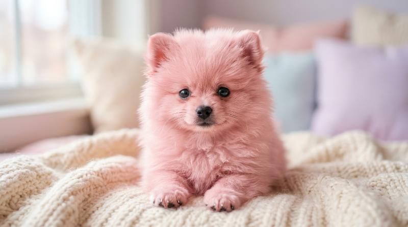 A little pink dog with soft fur and tiny paws, gentle pastel backdrop, sweet innocent mood, ultra-realistic, no logos.
