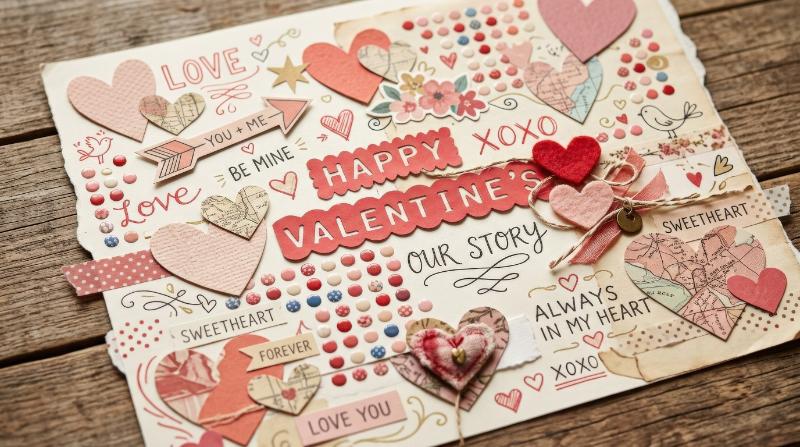Love and Valentine collage cutouts with paper shapes, doodles, and vintage dot stickers, soft romantic palette and playful handmade affection, ultra-realistic, no logos.