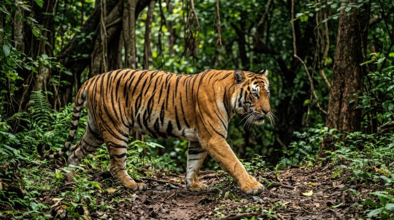 A wild tiger walking majestically, bold striped coat, muscular form and powerful untamed jungle atmosphere, ultra-realistic, no logos.