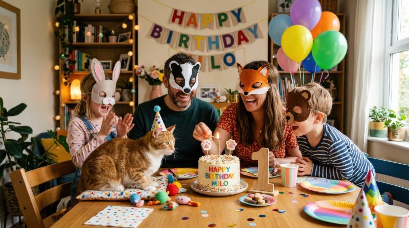 A family wearing playful animal masks while celebrating a cat's birthday at home, festive table, curious pet, balloons and cake, whimsical domestic joy, ultra-realistic, no logos.