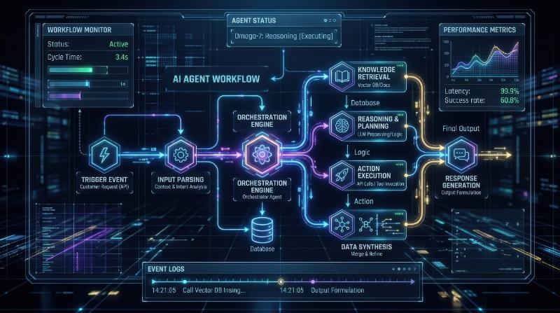 An AI agent automation workflow diagram with connected nodes on a futuristic digital interface, luminous process lines, layered data panels, sleek cyber aesthetic, ultra-realistic, no logos.