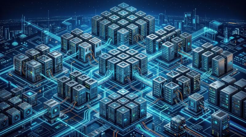 An isometric server network with cubes linked by glowing lines on a futuristic blue backdrop, precise data-infrastructure styling, ultra-realistic, no logos.