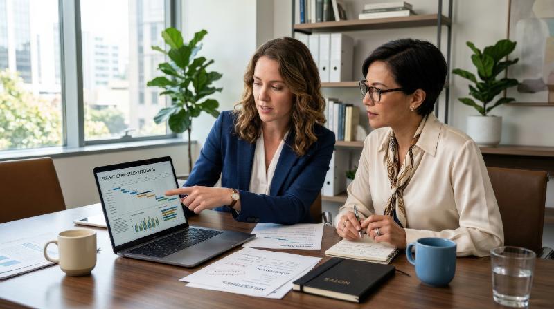 Businesswomen reviewing project details together, laptop open between them, focused discussion, refined office decor, supportive teamwork mood, soft daylight, ultra-realistic, no logos.