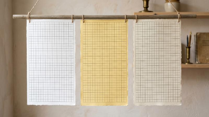 Vertical graph-paper banner textures in white, yellow, and off-white tones, neat checkered lines and a clean retro stationery aesthetic, ultra-realistic, no logos.